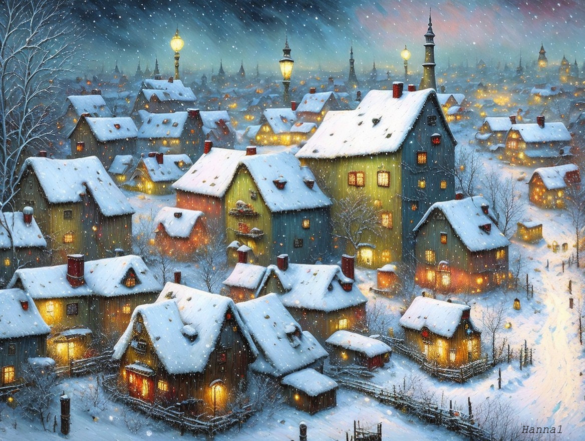 Winter Village Scene with Snow-Covered Rooftops