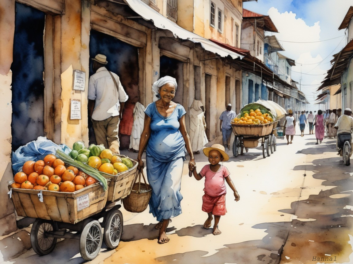Vibrant Market Scene with Family and Colorful Produce