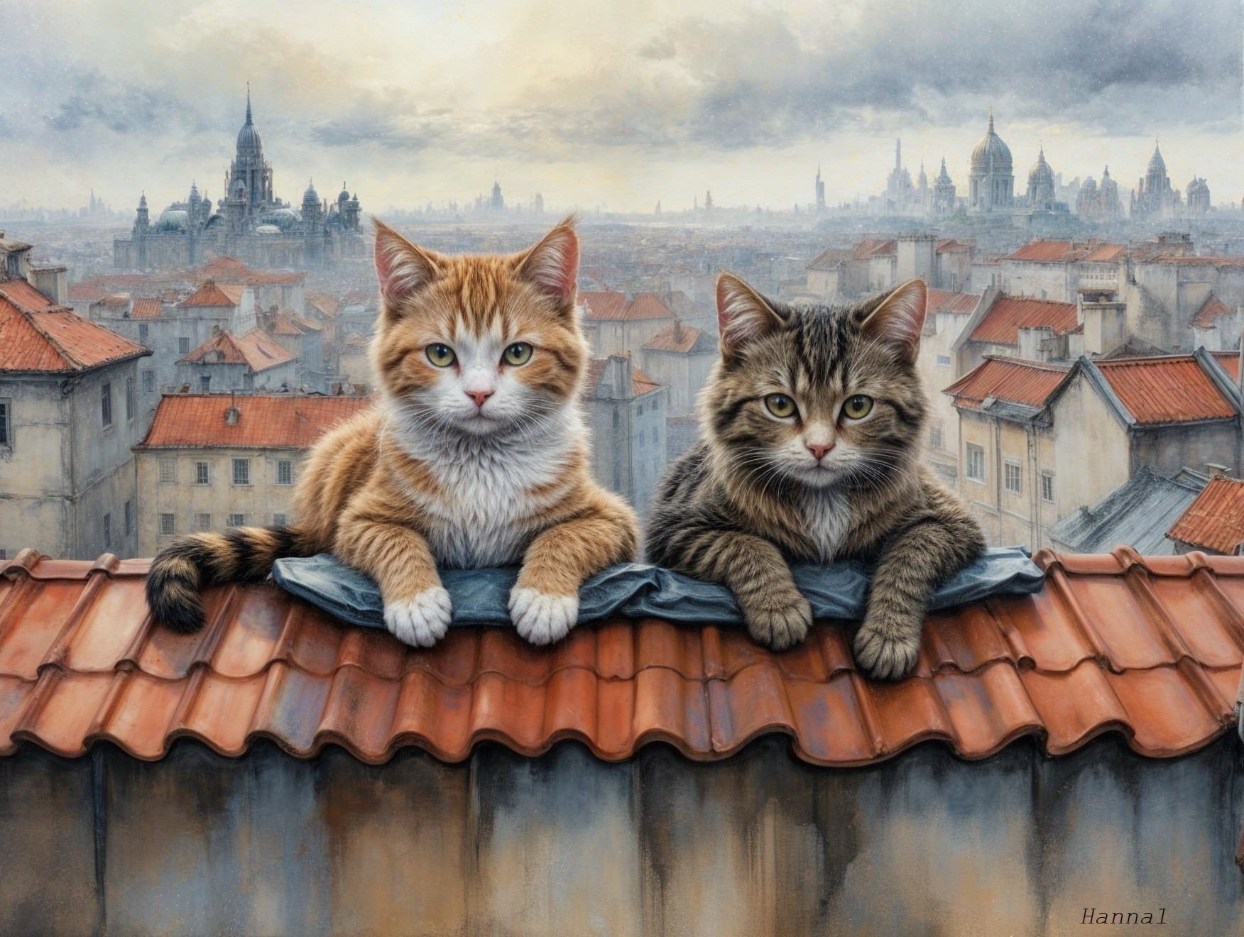 Cats on Rooftop Overlooking Urban Landscape