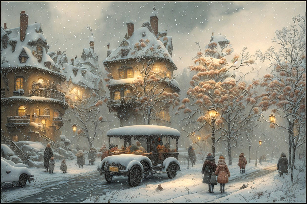 Charming Winter Scene with Snow and Festive Lights
