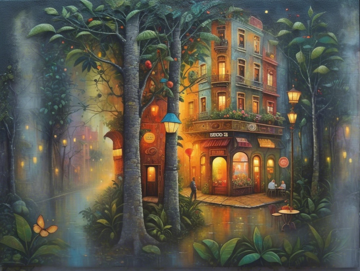 Vibrant street corner with cozy café and greenery