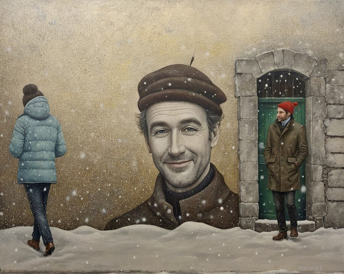 Snowy Urban Scene with Men and Wall Mural