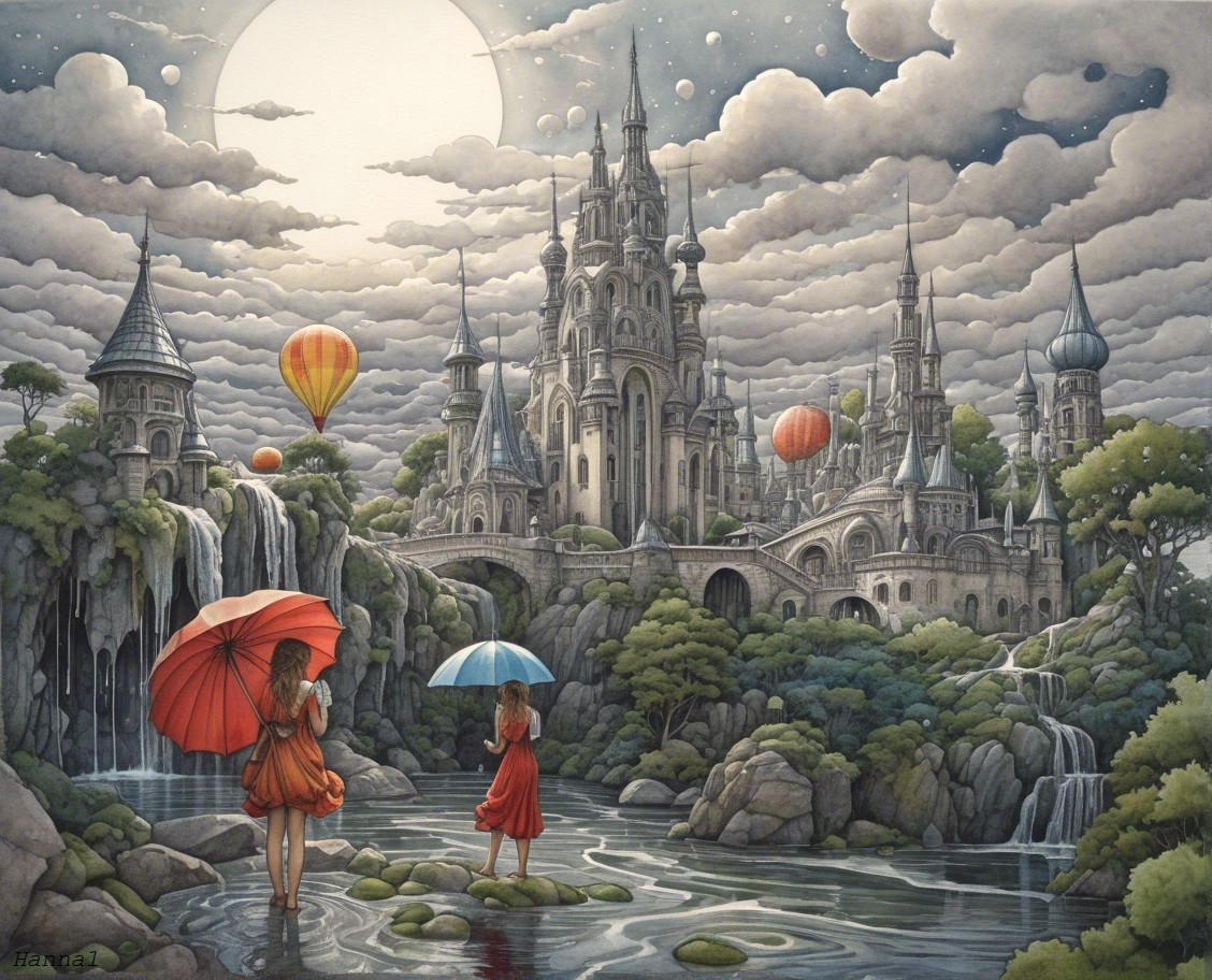 Whimsical Landscape with Women and Colorful Umbrellas