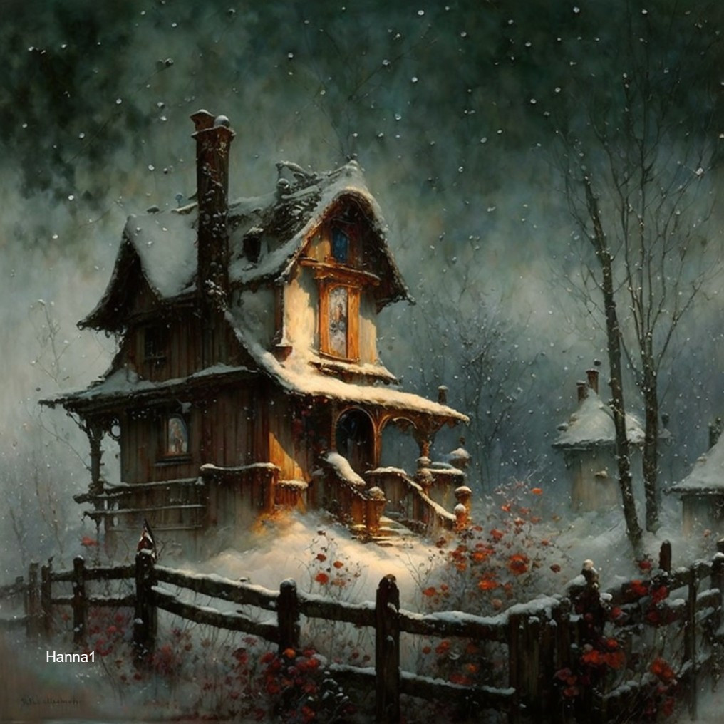 Snowy landscape with quaint cottage, red flowers, bare trees, rustic fence