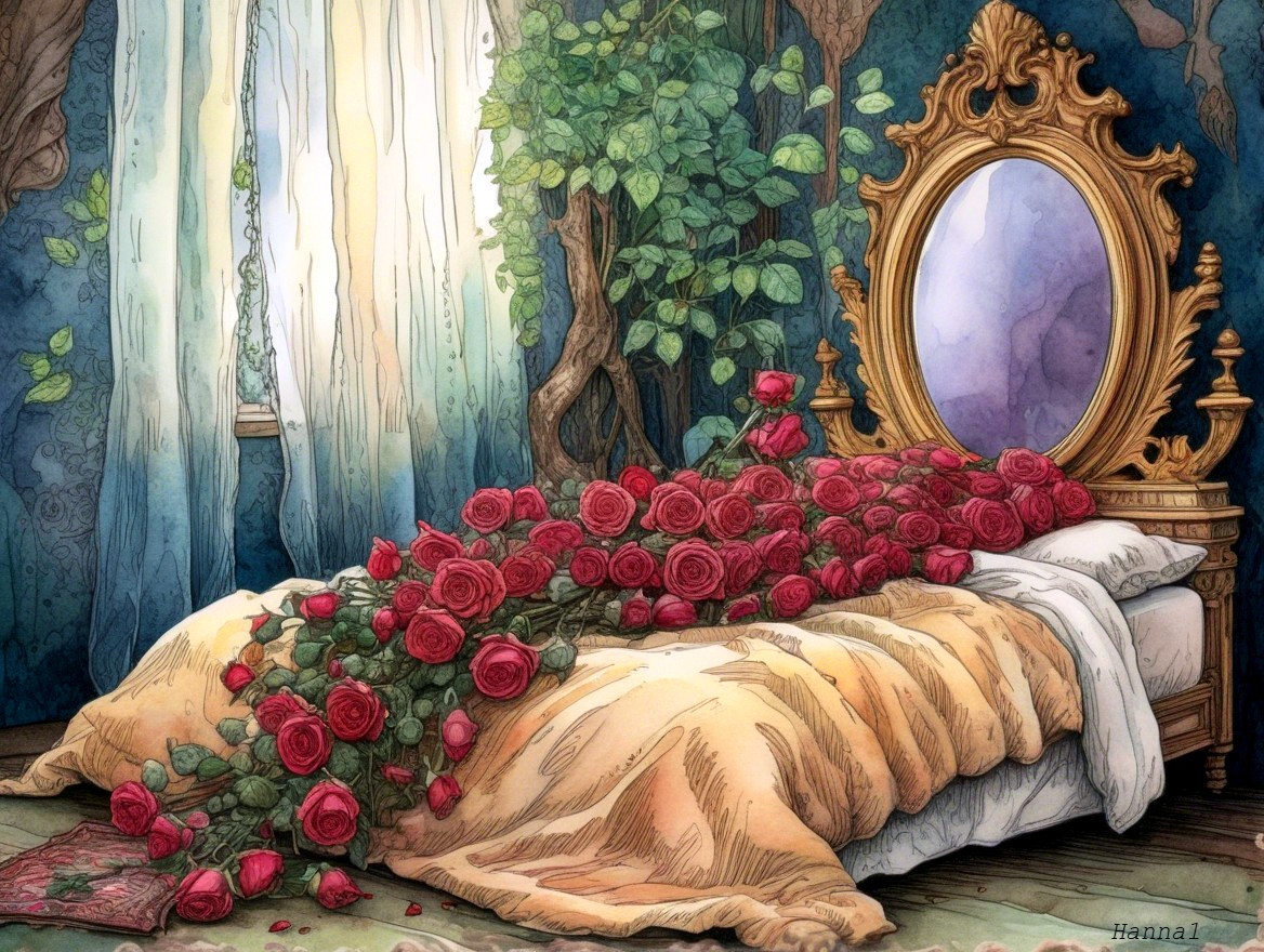 Illustrated Bedroom with Roses and Soft Lighting