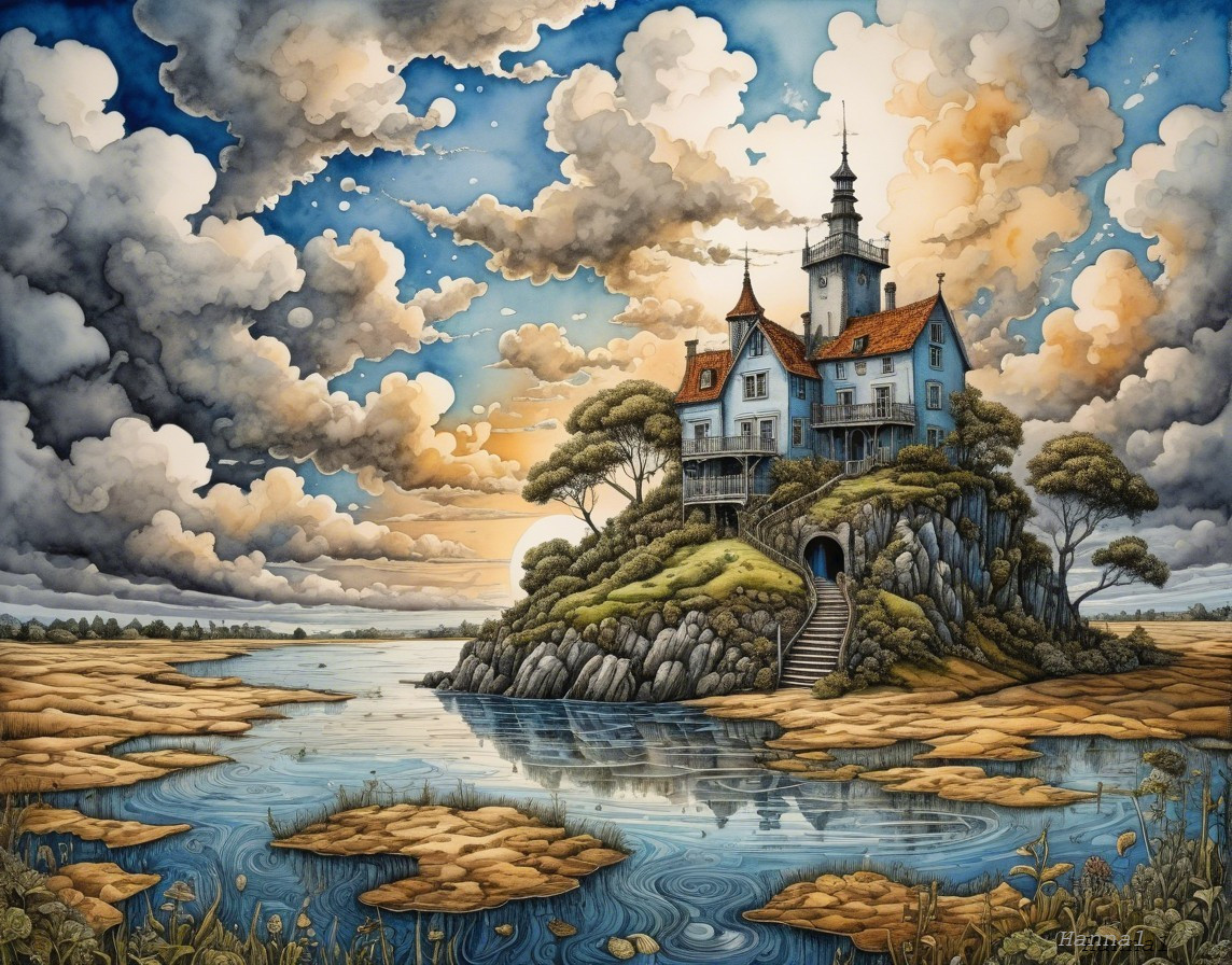 Majestic House on Rocky Island with Vibrant Sky