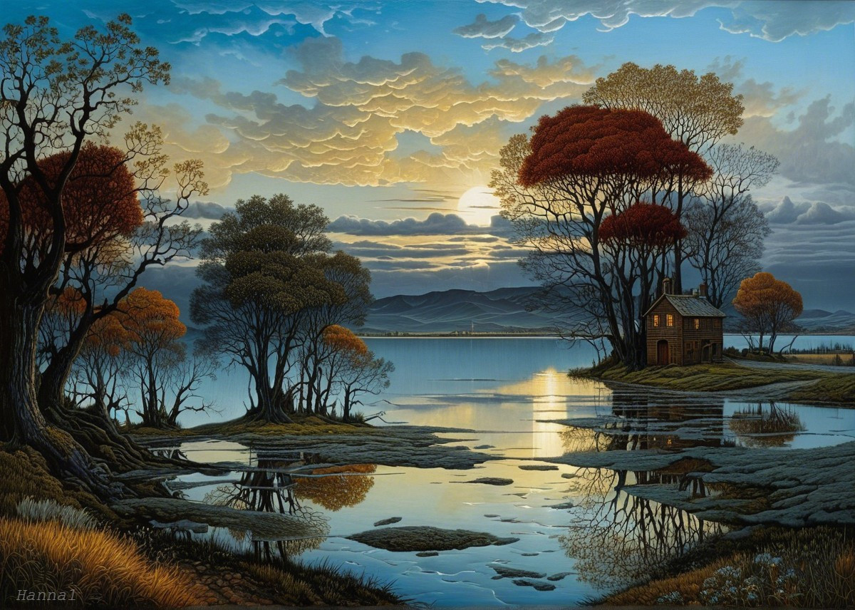 Tranquil Dusk Landscape with Serene Lake and Autumn Foliage