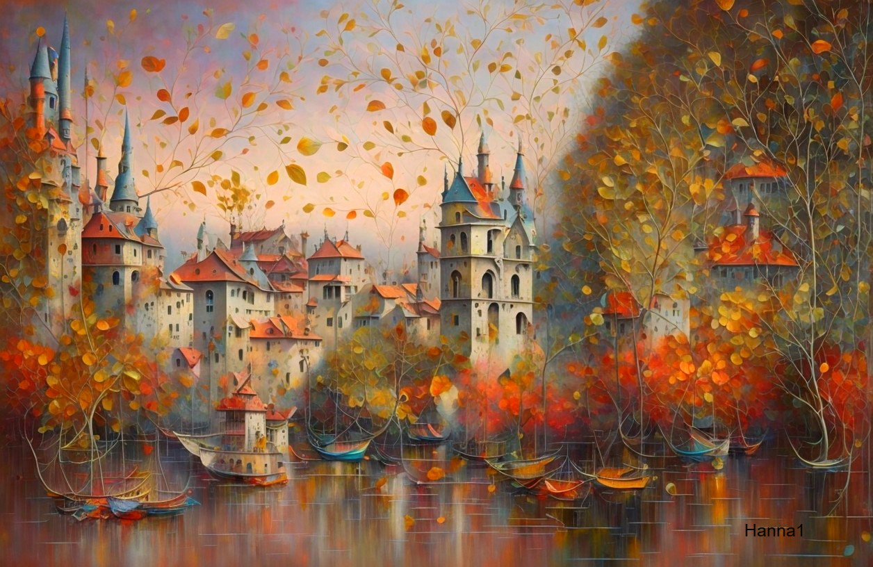 Whimsical Village by Tranquil Lake in Autumn Foliage
