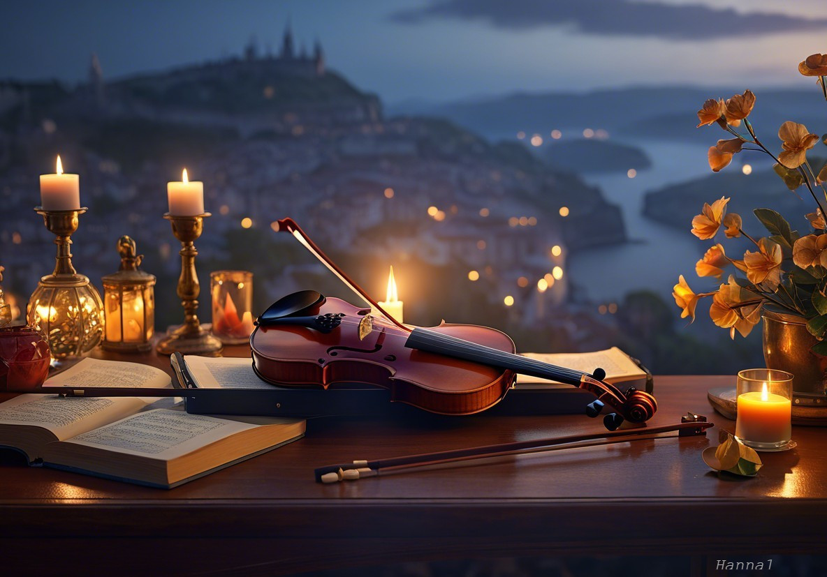 Tranquil Scene with Violin, Book, and Candles