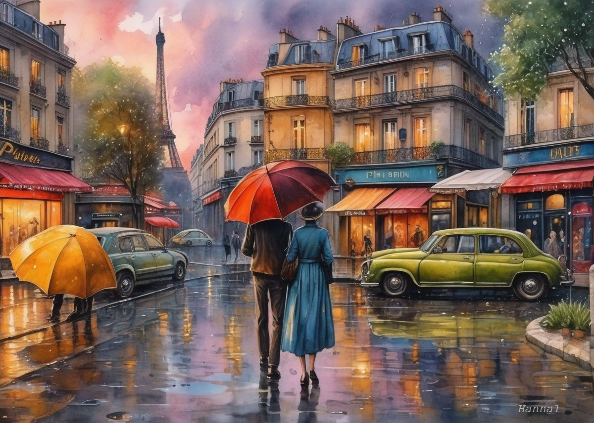 Romantic Parisian Street Scene on a Rainy Evening