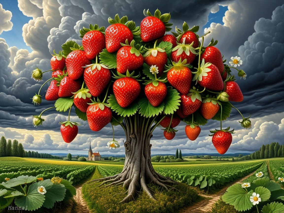 Whimsical Tree with Vibrant Strawberries in Landscape