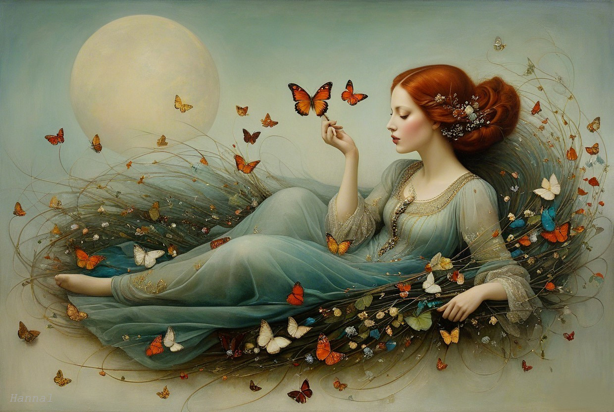 Serene Woman in Ethereal Gown with Butterflies and Moon