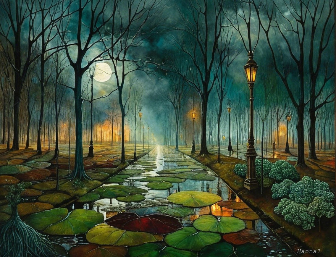 Tranquil Park Pathway with Moonlit Lily Pads