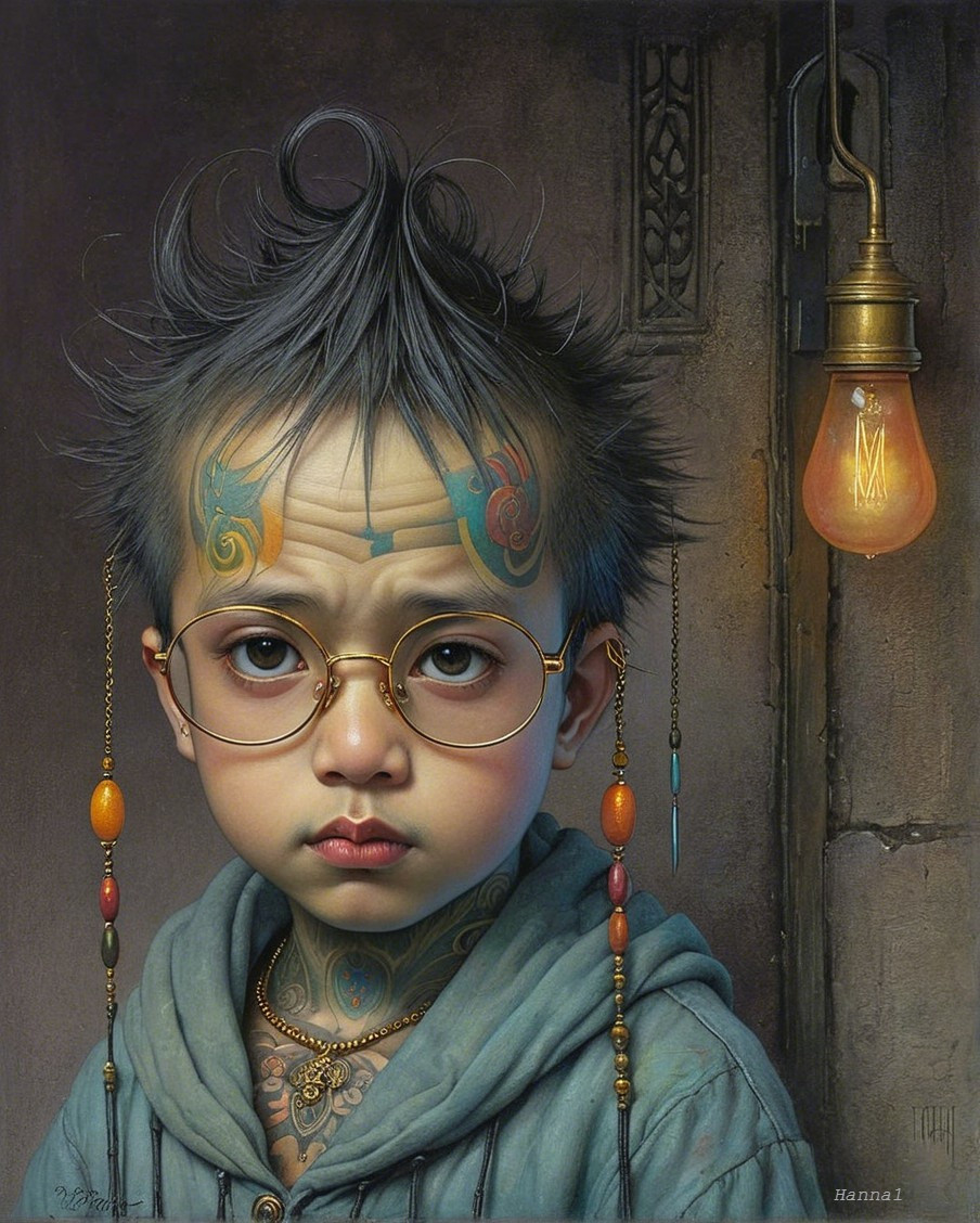 Child with Tattoos, Gray Hair, and Unique Style