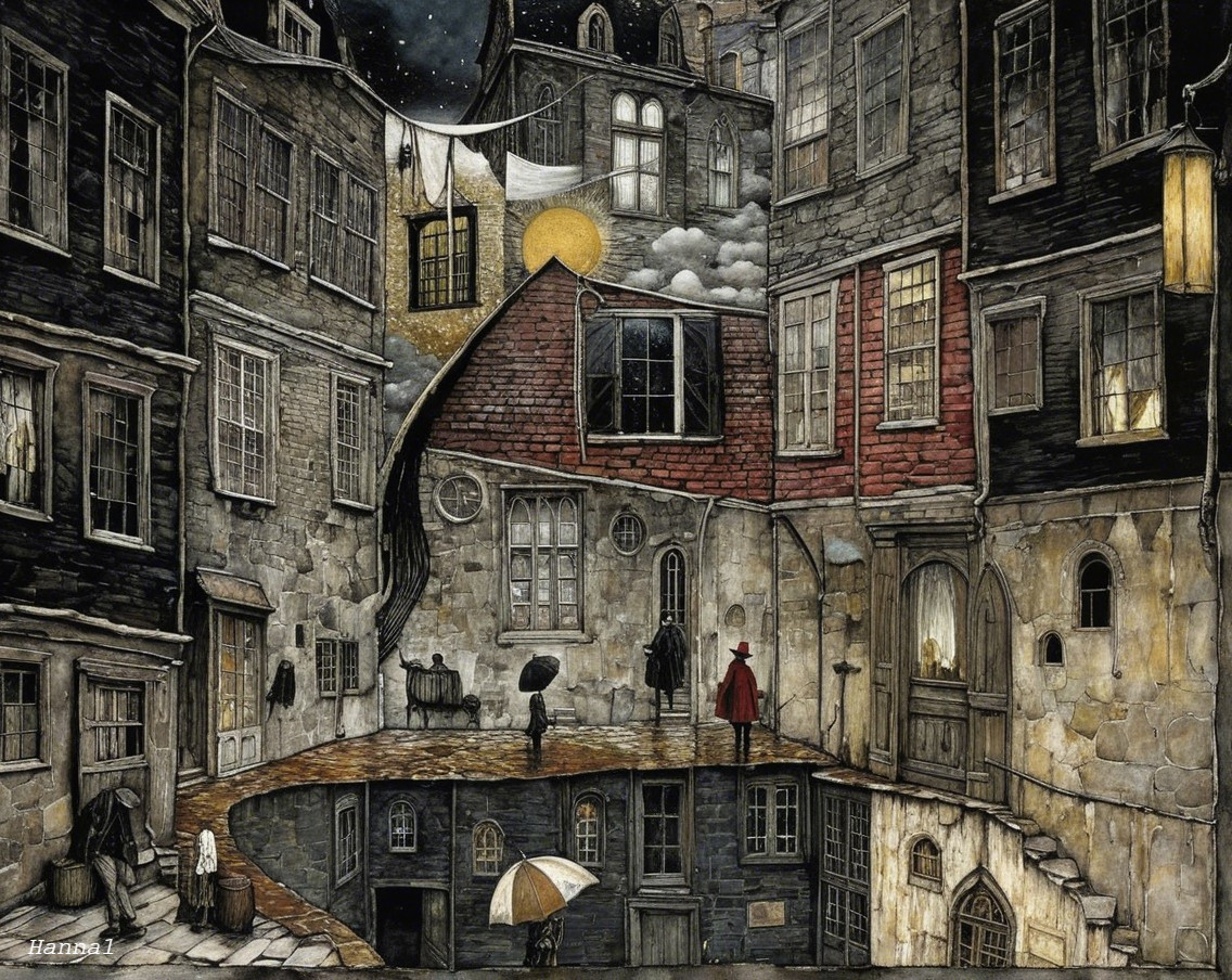 Twilight Scene of a Cobblestone Courtyard with Lanterns