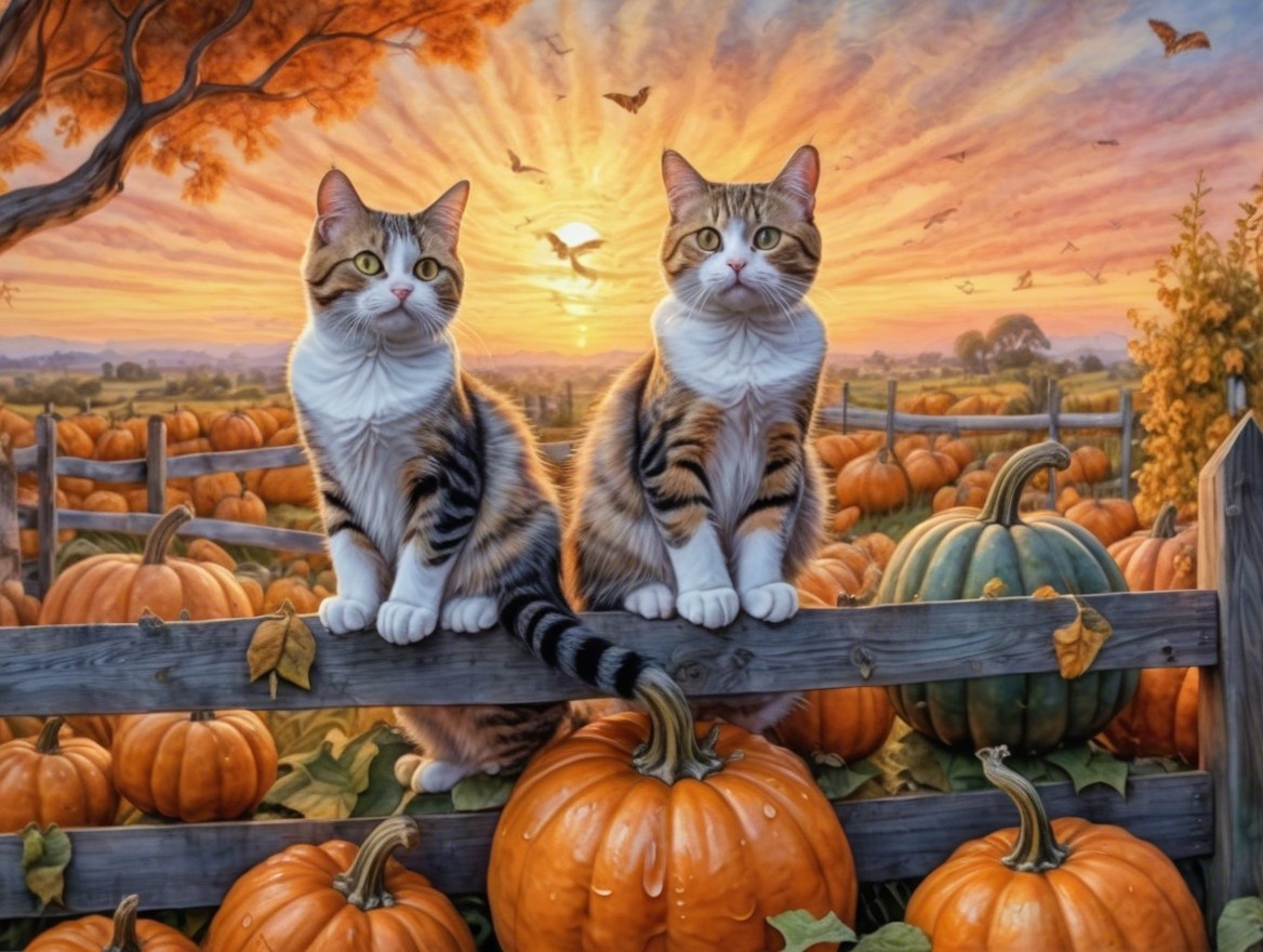 Cats on a Wooden Fence in an Autumn Landscape