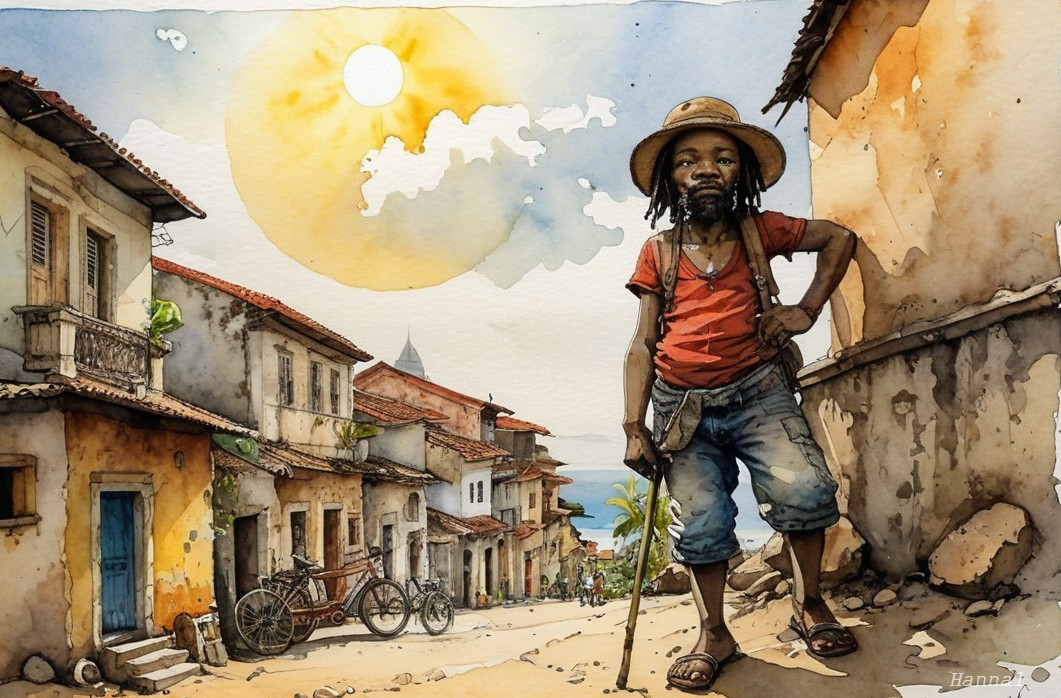 Young Boy in Colorful Village with Dusty Street