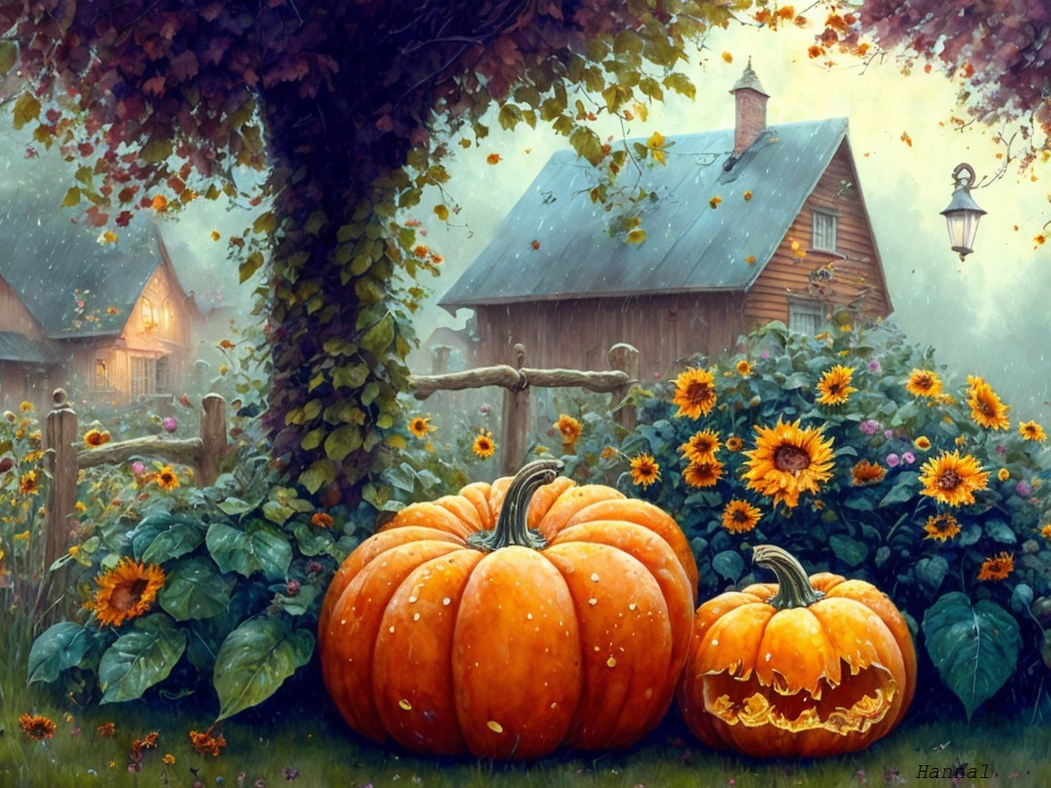 Autumn Scene with Pumpkins and Cozy House in Mist