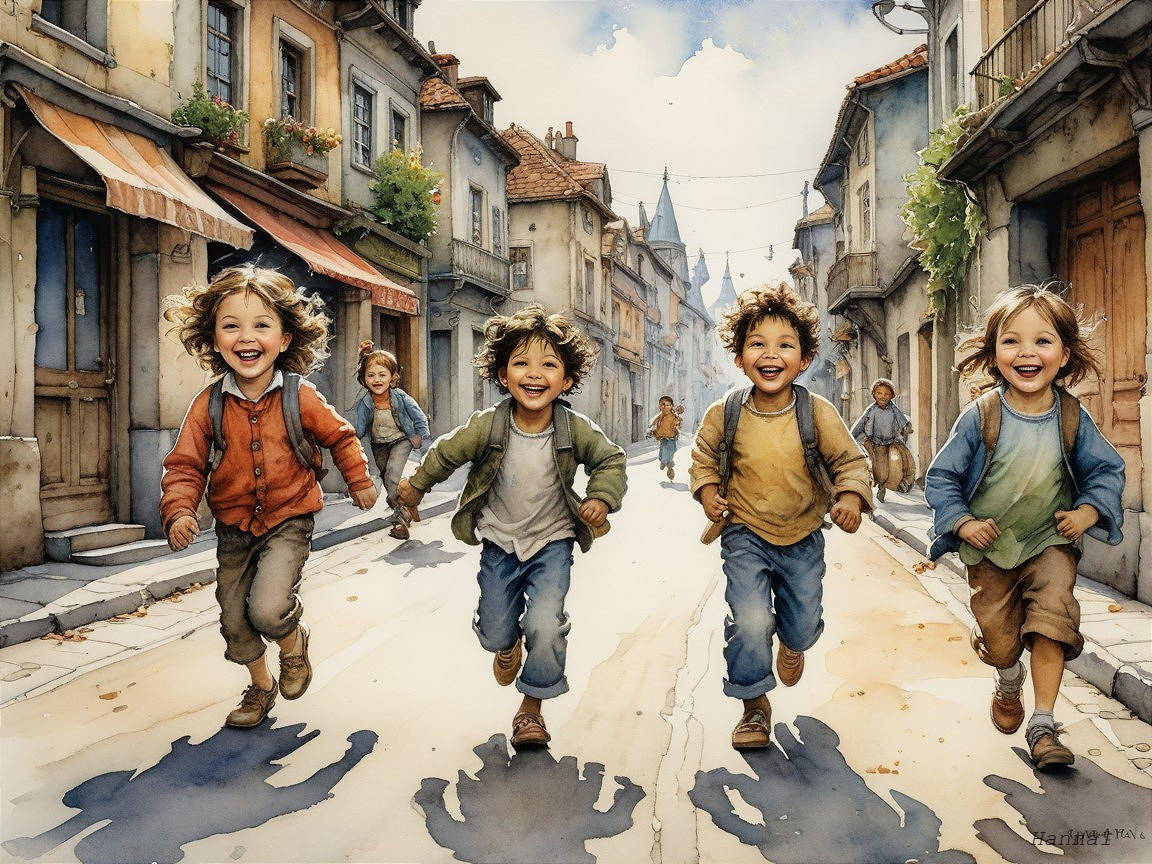 Children Playing on Cobblestone Street in Sunshine