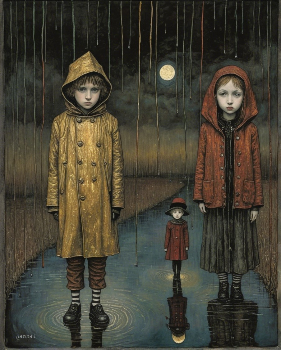 Surreal Scene of Children in Dark Reflective Landscape