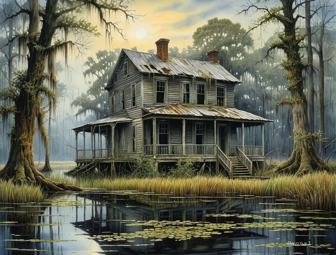 Weathered Two-Story House on Stilts by Serene Swamp