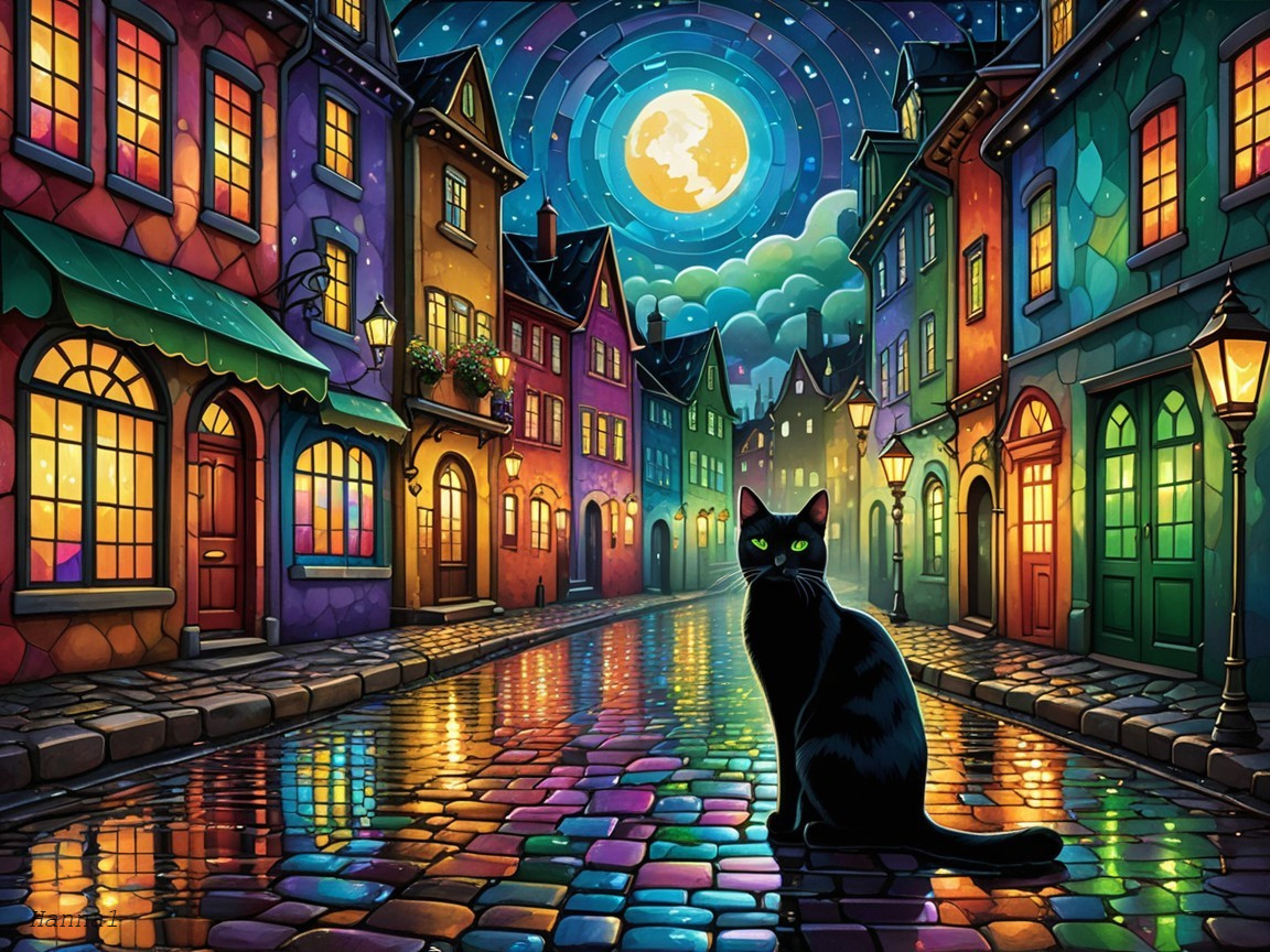 Whimsical Street Scene with Black Cat Under Moonlight