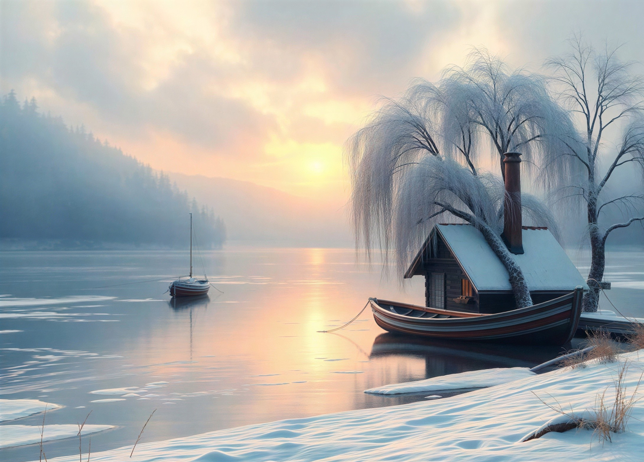 Winter Landscape with Lake, Cabin, and Sunset Reflections
