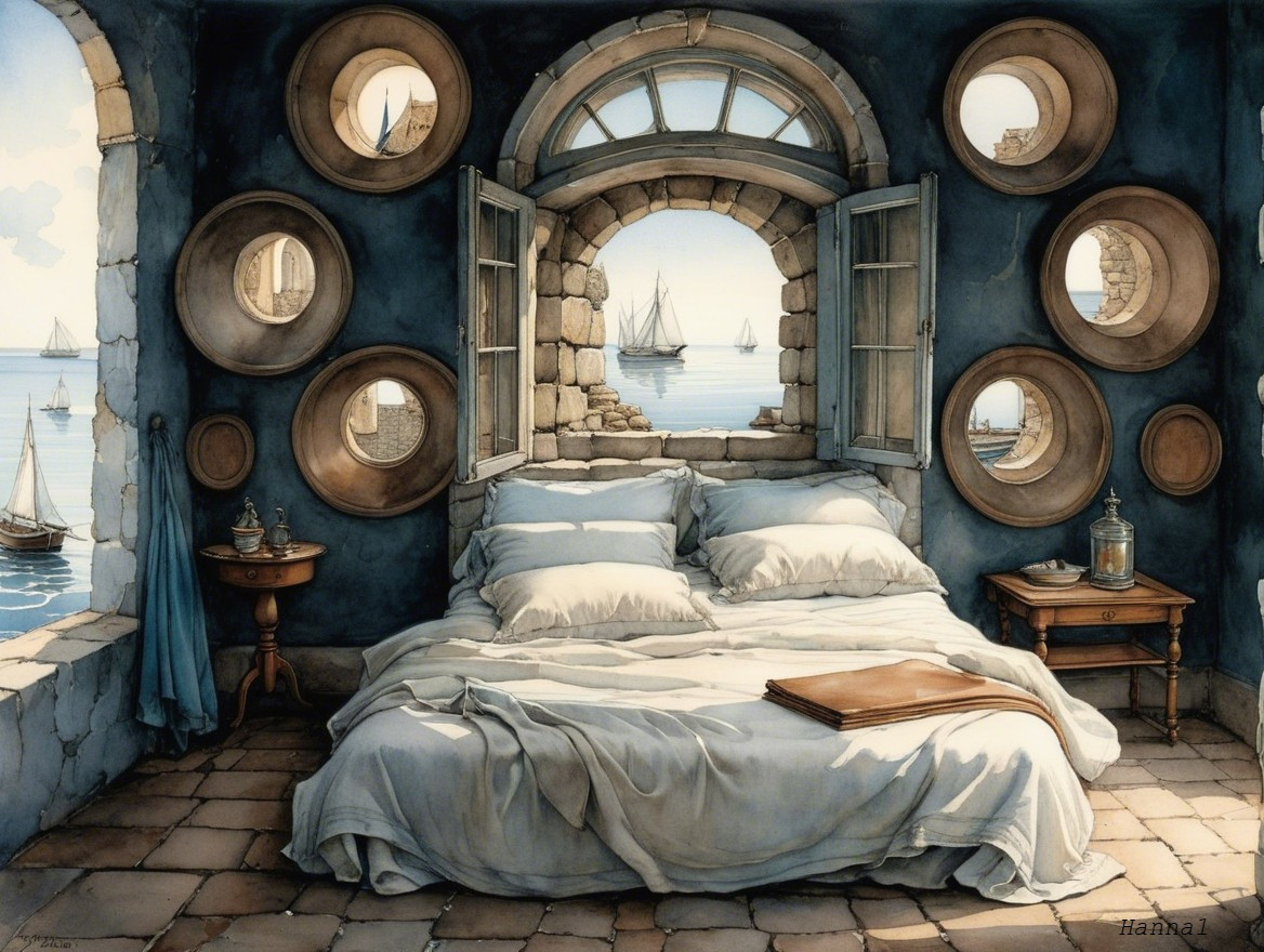 Serene Bedroom with Seascape and Soft Blue Accents