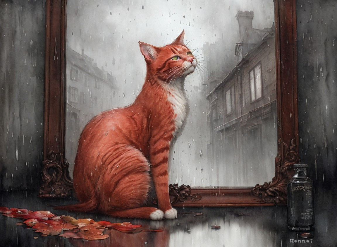 Ginger Cat in Front of Ornate Mirror with Raindrops