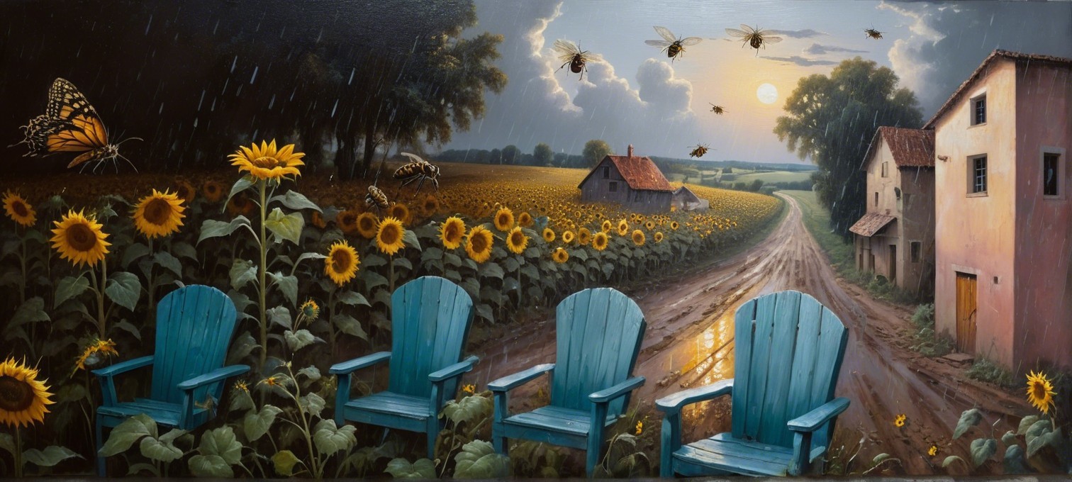 Serene Landscape with Blue Chairs and Sunflower Fields