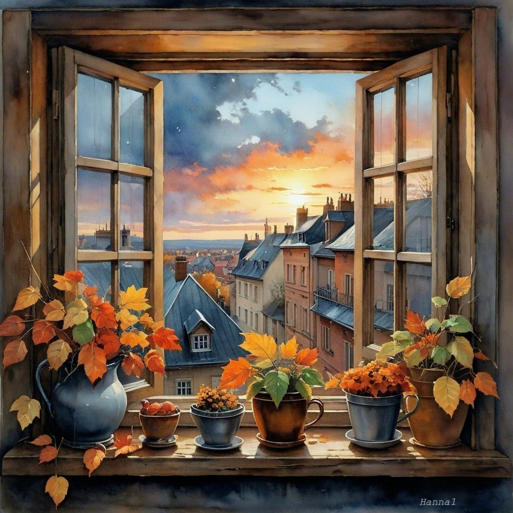 Cozy Window View of Autumn Sunset Over Town