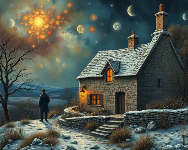 Snowy Path with Cottage Under Cosmic Sky