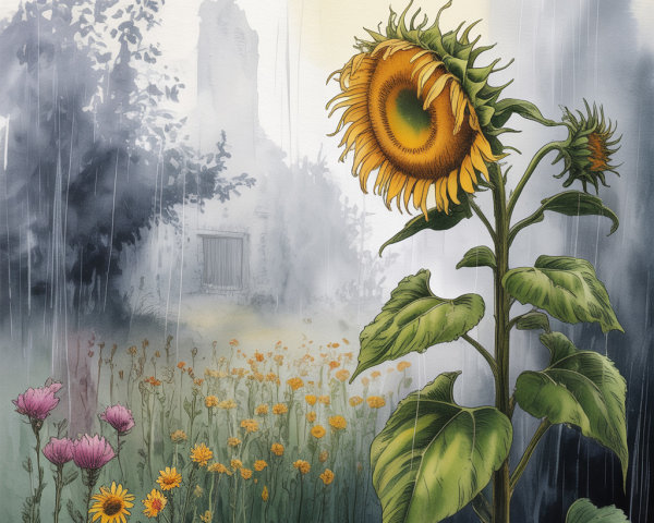 Sunflower in Misty Landscape with Wildflowers and Building