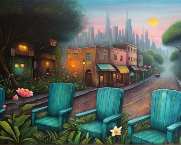 Serene Dusk Street View with Pastel Buildings and Skyline