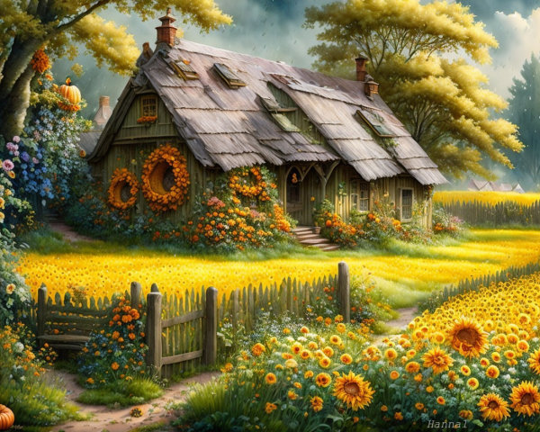 Charming Cottage Surrounded by Sunflowers and Foliage