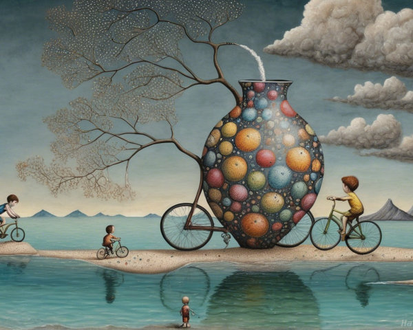Surreal Landscape with Children Cycling by Water