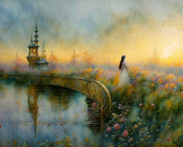 Serene sunset landscape with figures and flowers