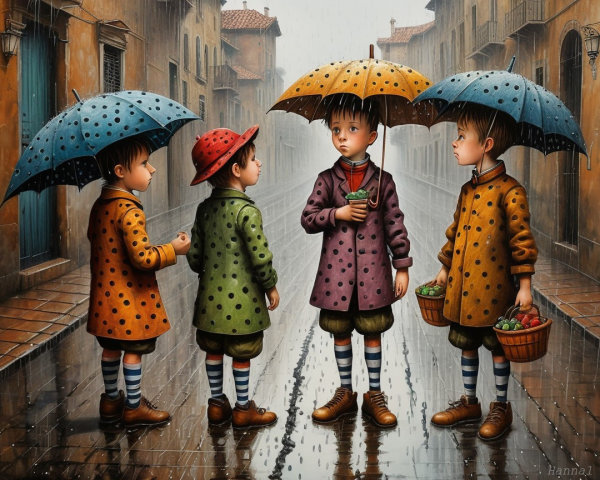 Children with Colorful Umbrellas on a Rainy Street