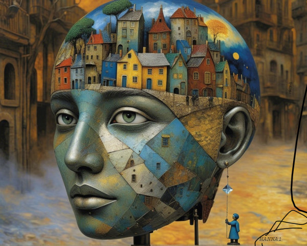 Surreal Sculpture of Human Head with Miniature Houses