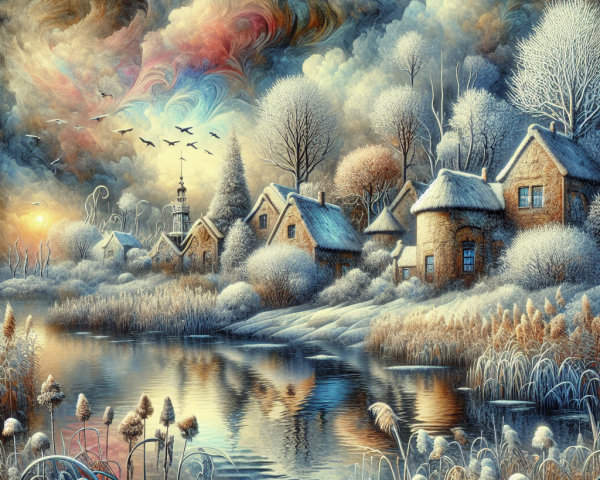 Serene Winter Landscape with Cottages and Lake