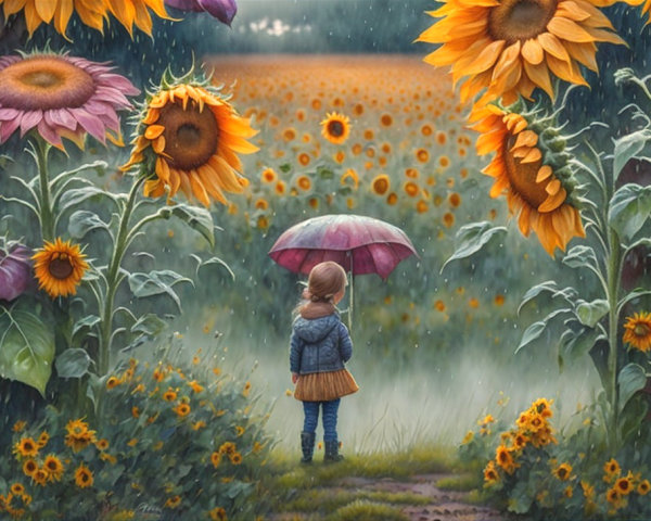Young girl in sunflower field with purple umbrella