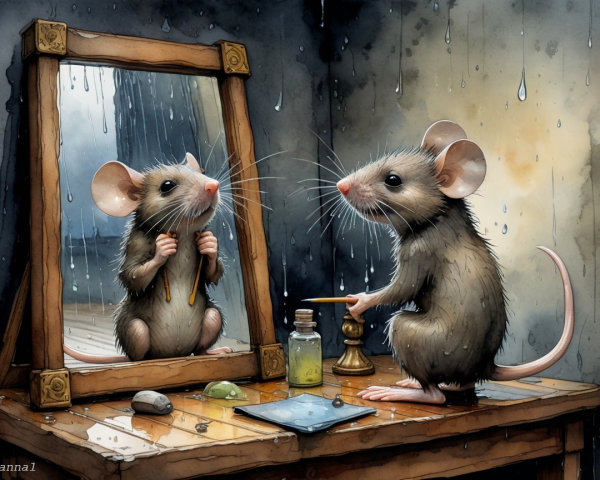 Curious Mouse Reflecting in a Dimly Lit Room