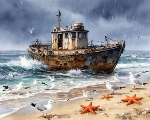 Watercolor Painting of Shipwrecked Fishing Boat on Shore