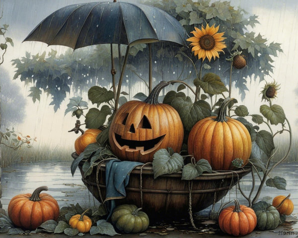 Whimsical Autumn Scene with Pumpkins and Sunflowers