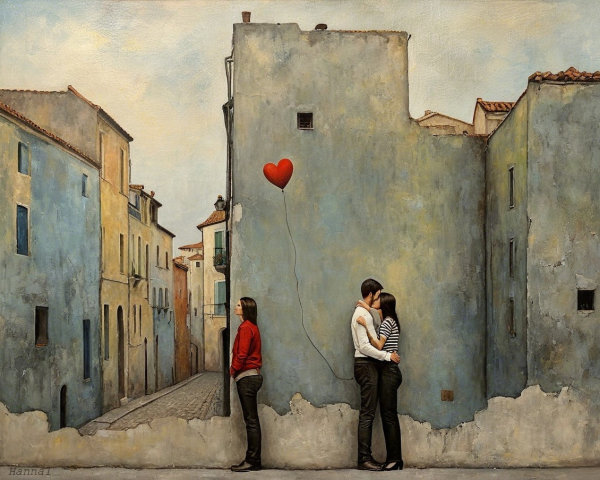 Surreal Scene of Kissing Figures on Cobblestone Street