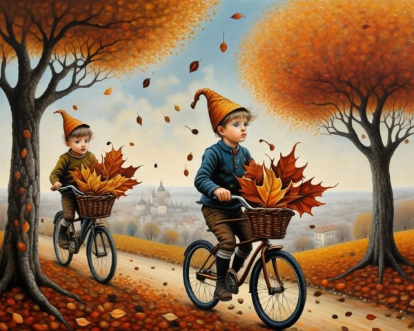 Boys Riding Bicycles on Autumn Path with Colorful Leaves