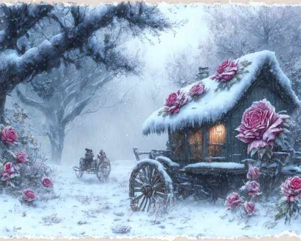 Winter Cottage Scene with Snow and Horse-Drawn Carriage