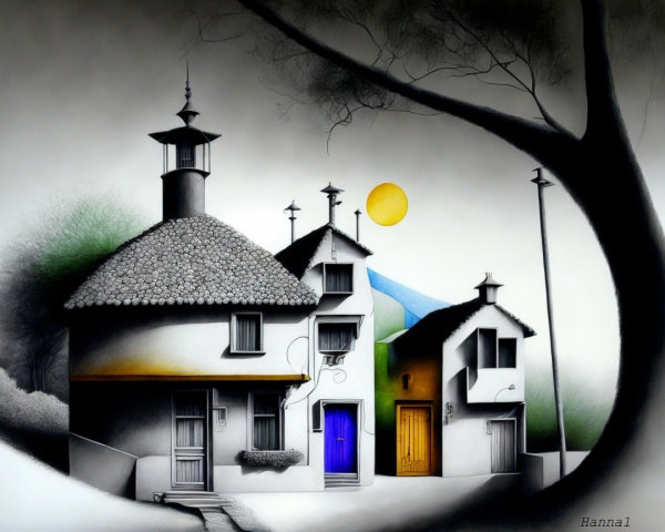 Serene landscape with charming houses and misty backdrop