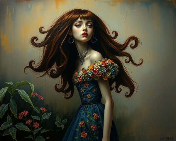 Young Woman in Floral Dress Surrounded by Nature