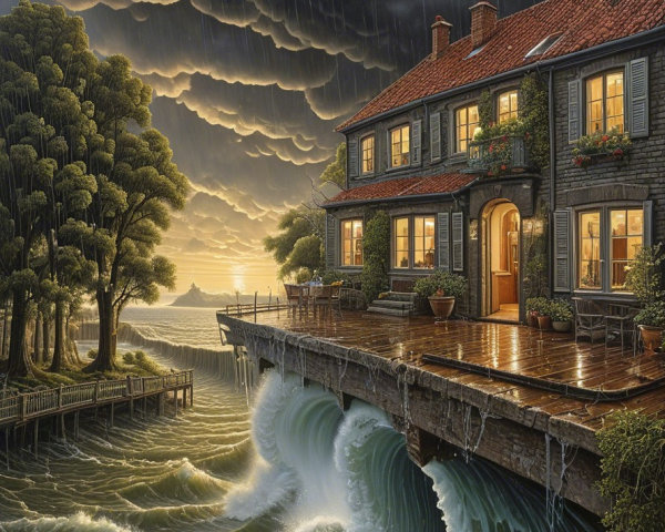 Coastal House with Red-Tiled Roof in Stormy Weather